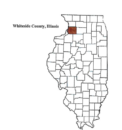 Map of Illinois showing all county boundaries. Whiteside County is distinctly highlighted in brown-red, located in the northwestern region of the state. A label reading “Whiteside County, Illinois” is placed to the left of the highlighted area for clear identification.