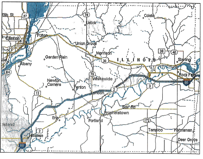Map of Whiteside County, Illinois and surrounding areas, showing cities like Sterling, Rock Falls, Morrison, and Fulton. Major highways including I-88, U.S. Routes 30 and 78, and Illinois Route 40 are labeled. The Rock River runs through the region. County boundaries, towns, and water bodies are clearly marked for geographic and transportation reference.