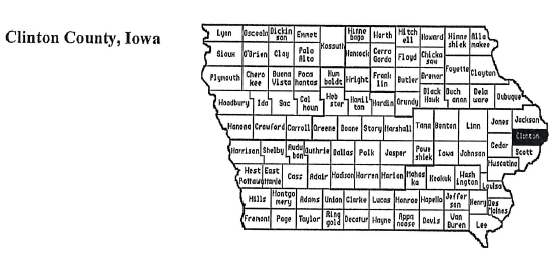 Map of Iowa showing all county boundaries with the county names listed. Clinton County is distinctly highlighted in black with white lettering reading “Clinton”, located in the eastern region of the state. A label reading “Clinton County, Iowa” is placed to the left of the map for clear identification.