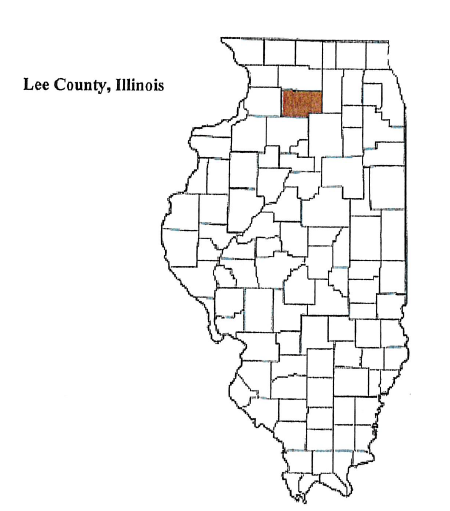 Map of Illinois showing all county boundaries. Lee County is distinctly highlighted in brown-red, located in the north-central region of the state. A label reading “Lee County, Illinois” is placed to the left of the map for clear identification.