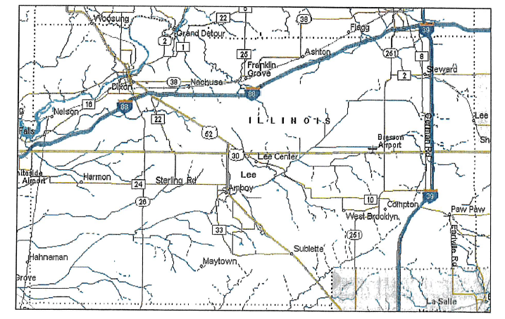 Map showing Lee County, Illinois, with towns including Dixon, Franklin Grove, Amboy, Ashton, Sublette, and Paw Paw. Major routes such as Interstates 88 and 39, U.S. Highways 30 and 52, and Illinois Highways 26 and 251 are shown, along with nearby rivers and smaller airports.