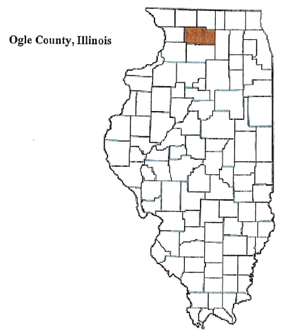Map of Illinois showing all county boundaries. Ogle County is distinctly highlighted in brown-red, located in the north-central region of the state. A label reading “Ogle County, Illinois” is placed to the left of the map for clear identification.