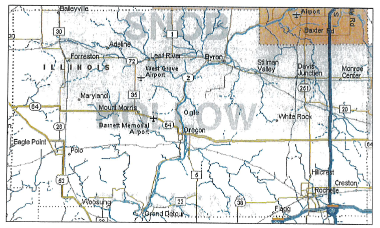 Map depicting Ogle County, Illinois, including communities such as Oregon, Byron, Rochelle, Mount Morris, and Forreston. Major highways include Illinois Routes 2, 26, 64, and 72, along with Interstate 39. Notable features include Barnett Memorial Airport, West Grove Airport, and the Rock River running through the county.